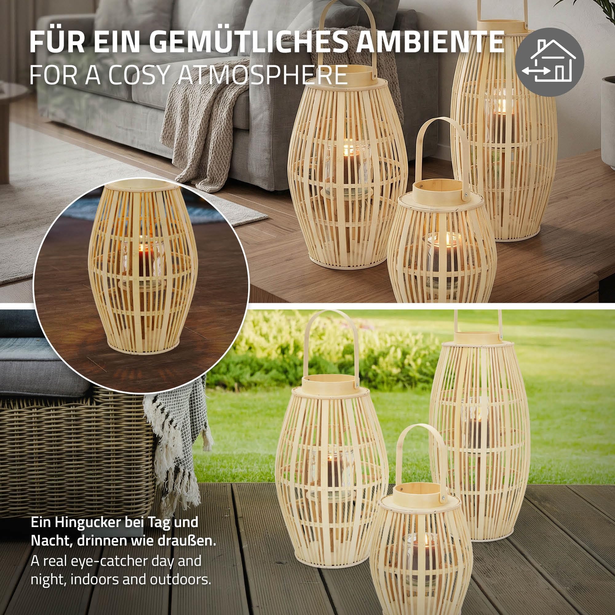 ECD Germany Latarnia Bambusowa Ogrodowa 63 cm Lampion Dekoracyjny Boho z Uchwytem i Szklanym Wkladem Swiecznik na Taras Balkon do Ogrodu i Salonu do Wnetrz na Zewnatrz Kolor Naturalny Styl Pleciony