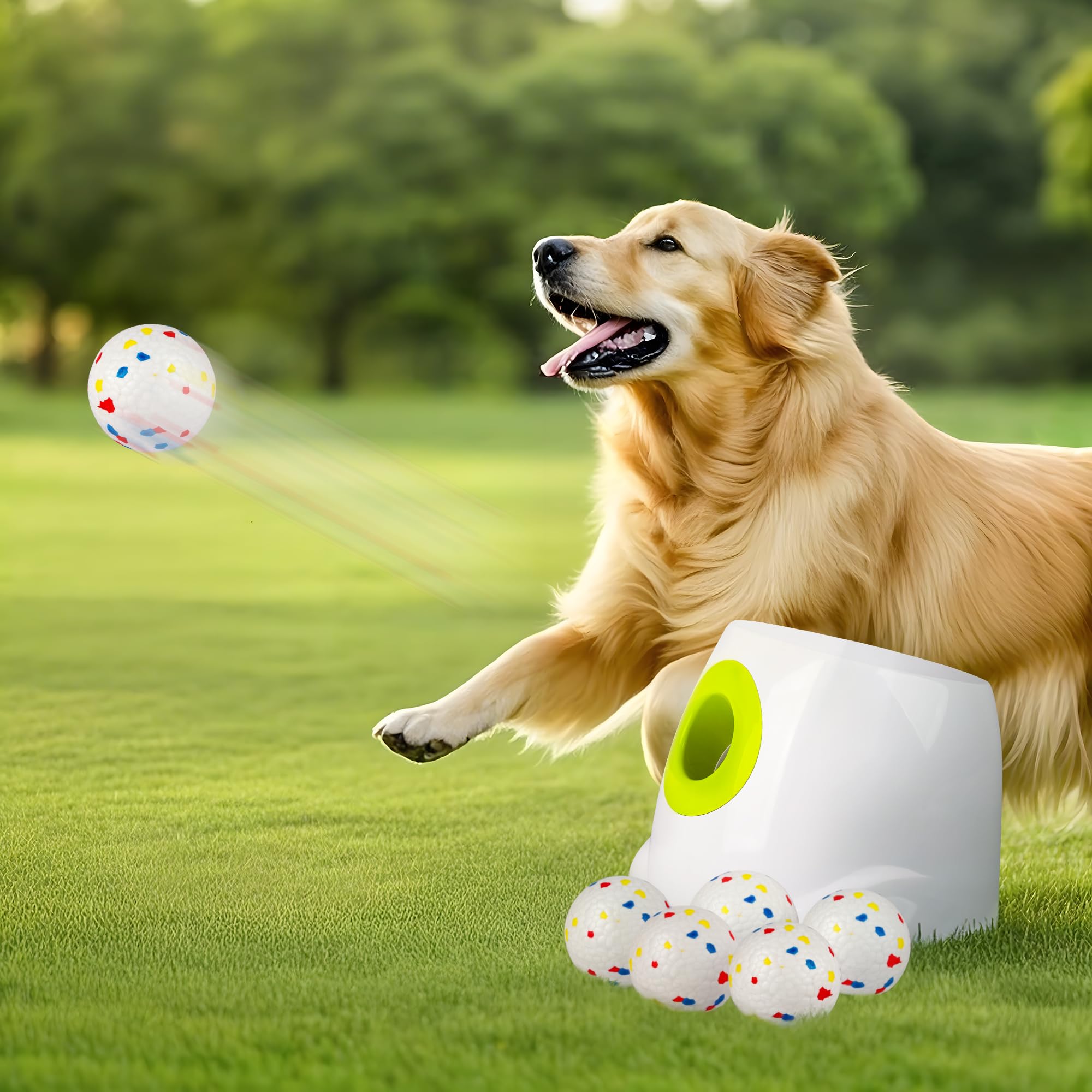 ALL FOR PAWS Lanceur automatique de balles pour chien, lanceur de balles interactif pour chiens de grande et grande taille, jouet interactif rechargeable avec 3 à 12 m, 6 pièces ETPU