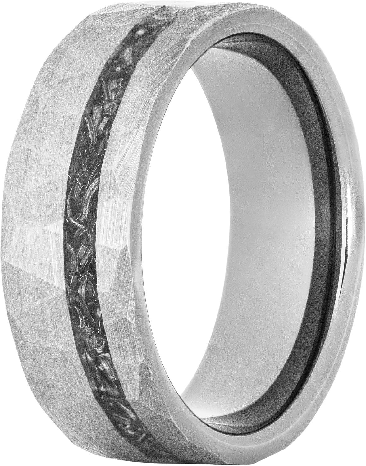 Gentlemen's Bands Men's Premium Silver Tungsten Hammered Wedding Band with Real Meteorite Inlay | Wedding Ring Is Ideal Gift | Package Includes Silicon Band, Walnut Ring Box, Leather Pouch