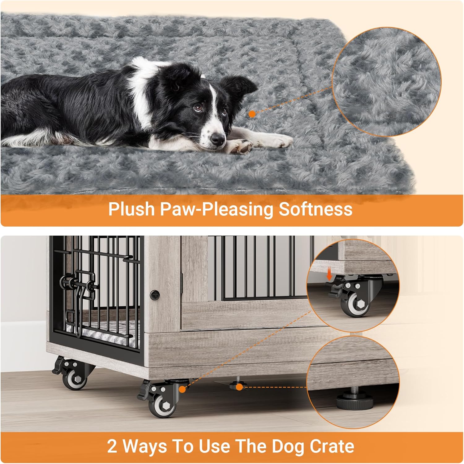 Lulive Small Dog Crate Furniture, Dog Kennel Indoor Double Doors Wooden Dog Cage, 27.1'' Heavy Duty Dog Crate with Cushion & Wheels, Decorative End Table Pet House Chew-Resistant for Small Dogs, Grey