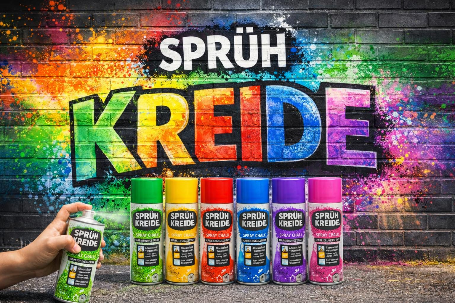 Buntes Sprühkreide Set (je 100ml) | 6, 12 oder 24 Dosen | Abwaschbares Kreidespray für Kinder & Party | Temporäres Markierungsspray für Auto, Straße & Deko (24 Stück)