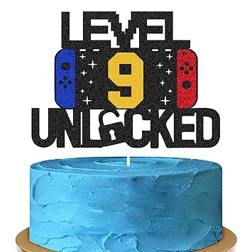 FestikoLevel 9th Unlocked Sign Cake Topper Happy 9th Birthday Level Up Tenth Cake Decorations for Video Game Controller Themed Kids Boy Girl Bday Party Supplies