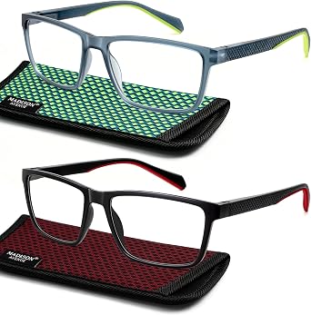 Madison Avenue 2 Pack Sport Blue Light Blocking Reading Glasses for Men with Spring Hinge, Square Computer Readers Anti Glare