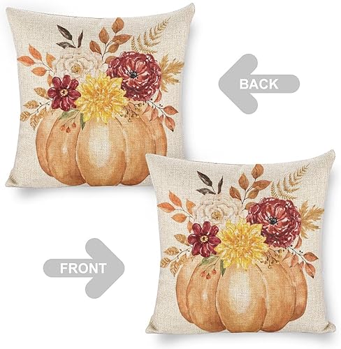 Miniatura 4 de Juego de 2 fundas de almohada de calabaza naranja otoñal de 18 x 18 pulgadas, juego de 2 fundas de almohada cuadradas decorativas de lino con flores