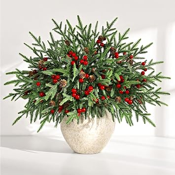 19" Real Touch Norfolk Pine Stems with Pine Cones & Red Berries, 10 Pcs Christmas Greenery Stems, Artificial Norfolk Pine Branches for Decorating Vase DIY Craft Garland Indoor Outdoor Home Decor
