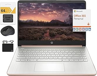 HP New 14" HD Ultra Light Thin Laptop, Quad-Core Intel Celeron Processor, 4GB RAM, 128GB (64GB eMMC+ 64GB Card), Wi-Fi, Upto 11 Hours, Windows 11 S + 1 Year Office 365+HubxcelAccessory, Rose Gold
