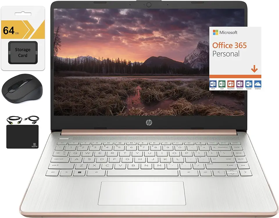HP Novo laptop ultrafino HD de 14 polegadas, processador Intel Celeron quad-core, 4 GB de RAM, 128 GB (cartão eMMC de 64 GB + cartão de 64 GB), Wi-Fi, até 11 horas, Windows 11 S + 1 ano de escritório