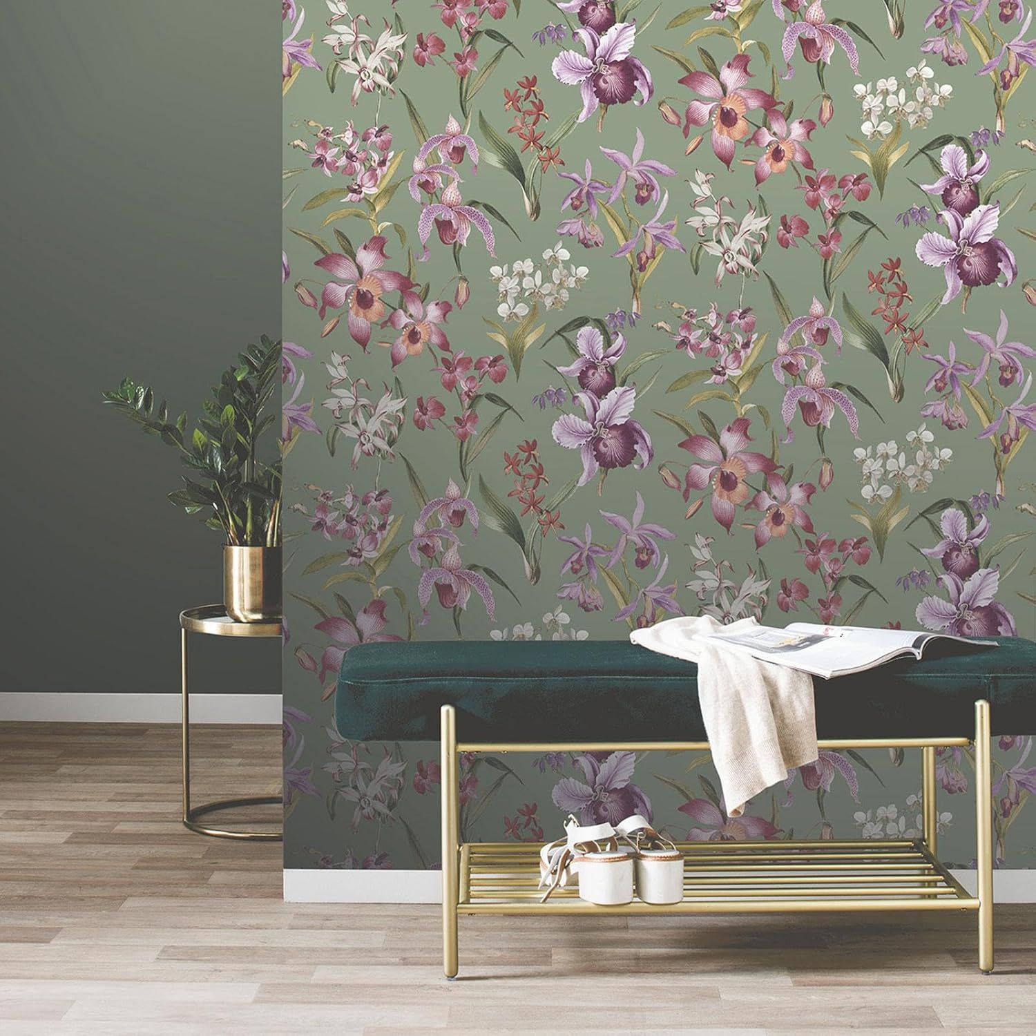 Rasch Maya Floral Tropical Themed Orchids Wallpaper Sage Green 283654
