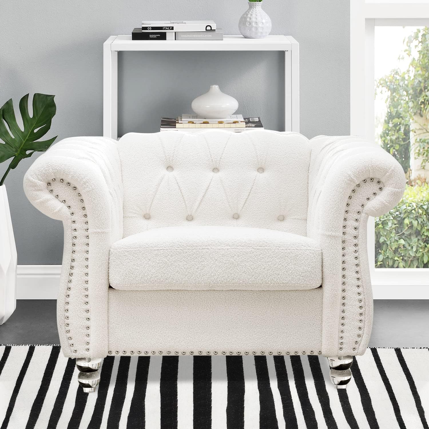 Chesterfield Chairs, White Velvet Chairs Living Room, Tufted Arm Accent Chairs, Deep Seat Comfy Classic Club Wingback Single Sofa Chair for Bedroom Office Sofa Chair Furniture Sets
