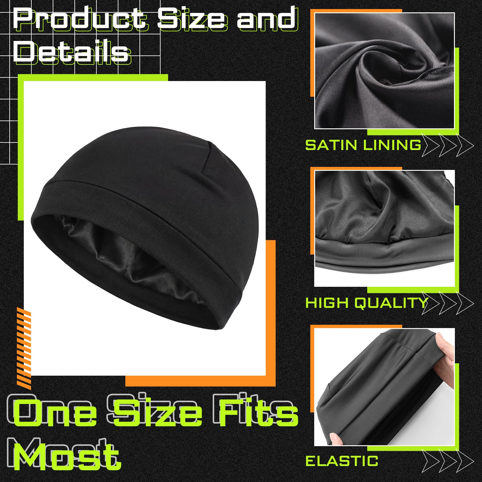 Unittype 4 Pcs Satin-Lined Skull Cap Satin Interior Lined Beanie Cap Wearable Night Sleep Hat for Men Women Hair Protection — view 2