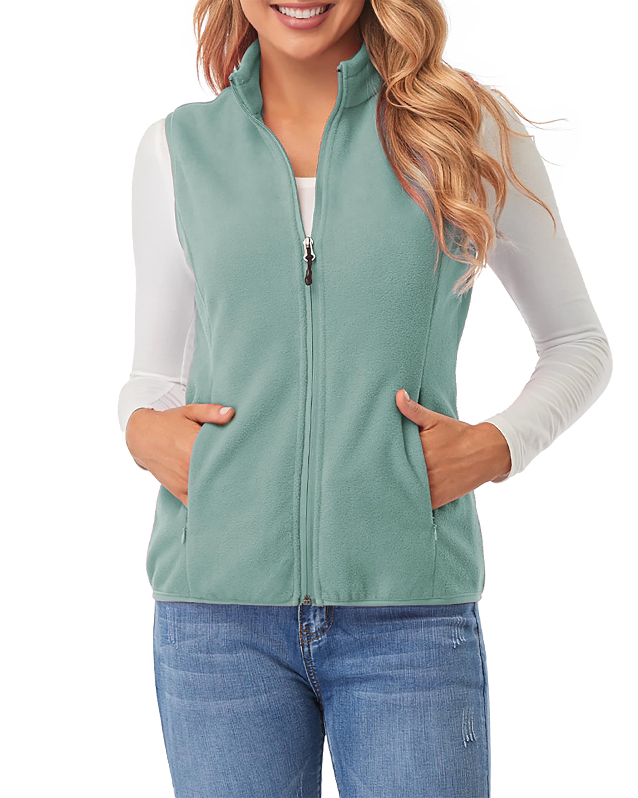 fuinloth Women's Fleece Gilet, Polar Soft Sleeveless Classic Fit Bodywarmer Vest with Zip up Pockets Grayish Green X-Small