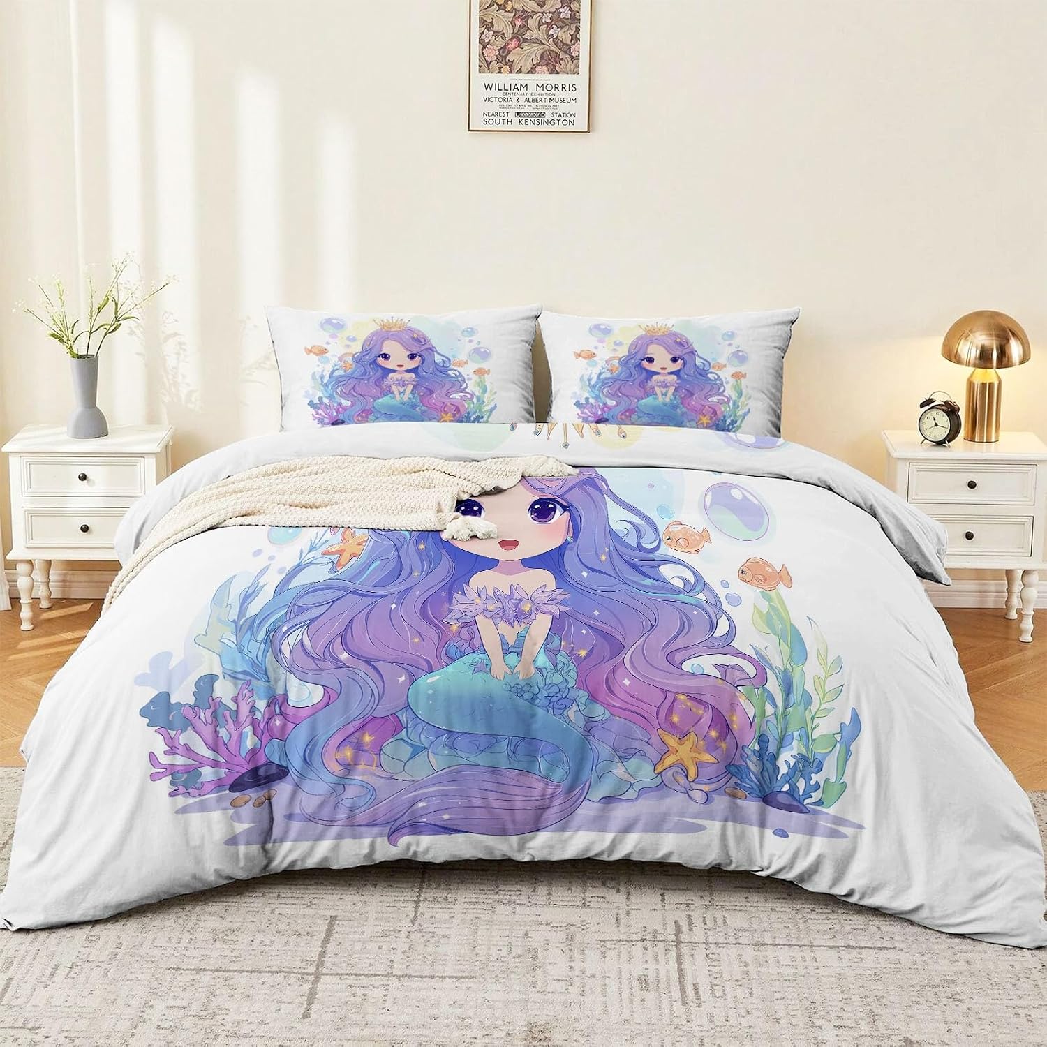 Duvet Cover Set Full Size Cartoon Mermaid Underwater Style, Purple Bedding for Girls Kids Teens, Soft Brushed Microfiber Comforter Cover with Zipper Closure and Corner Ties, Reversible, 3 Piece