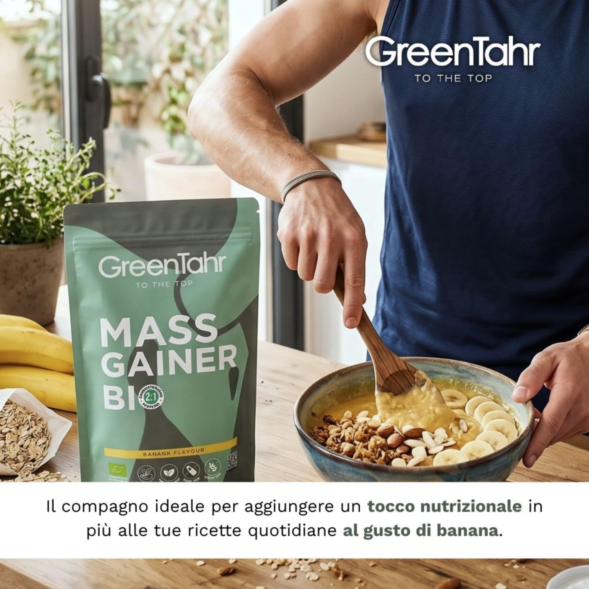 Green Tahr Mass Gainer Vegano Bio. Integratore Carboidrati e Proteine in Polvere per Aumentare Massa Muscolare. Senza Glutine, con Maltodestrine e Vegan Protein. Gusto Banana. 17 Dosi, 1,2 Kg