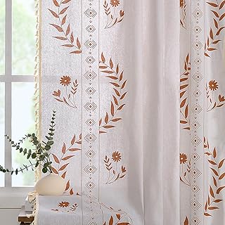 White and Rust Boho Floral Semi Sheer Curtains 63 Inch Length for Living Room, Botanical Cottage Style Pattern Linen Curtains for Girls Room 2 Panels Set
