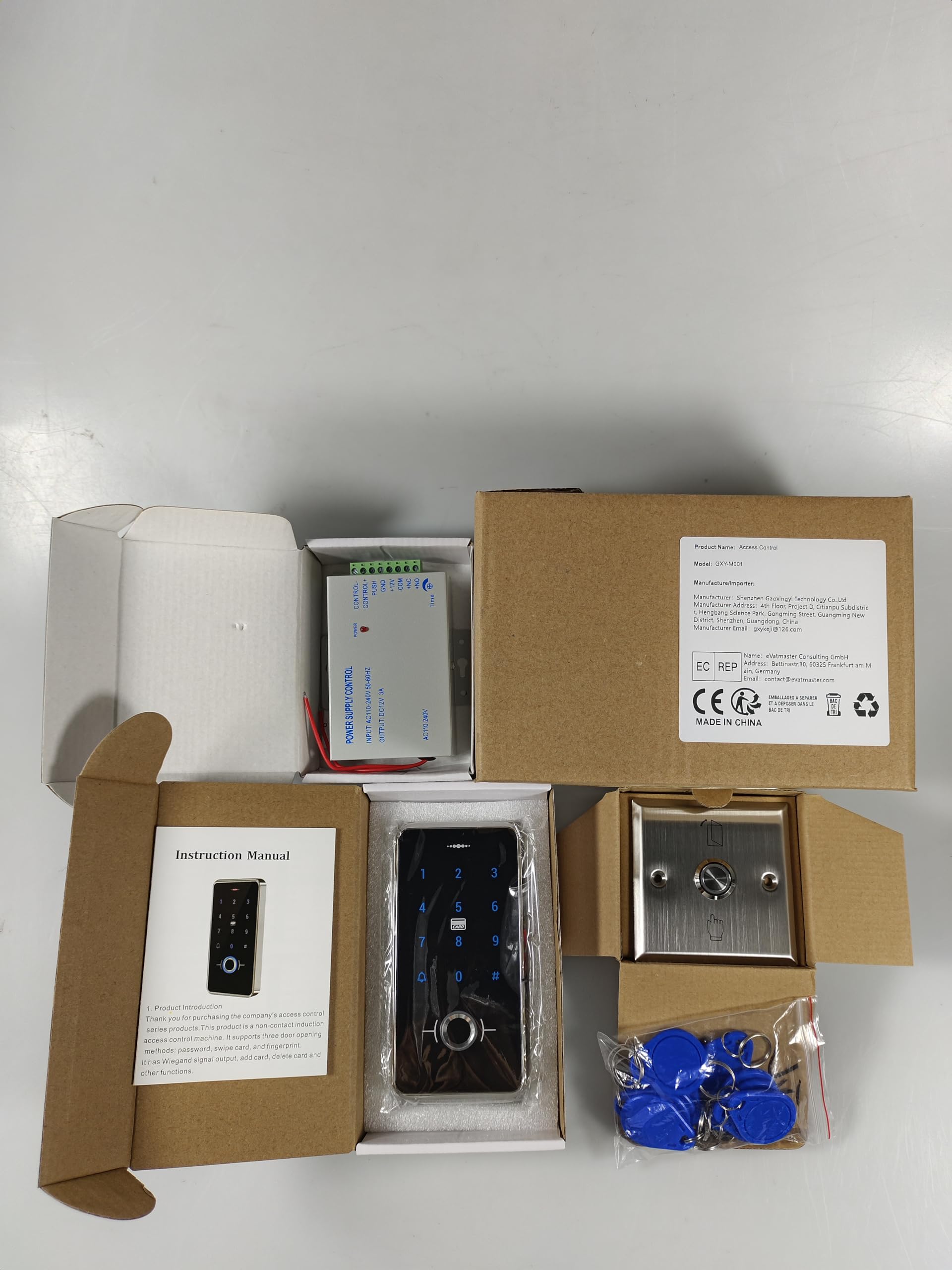 RFID-Türzugangskontrollsystem Kit IP68 wasserdichte Fingerabdruck-Tastatur + 12 V 3 A Netzteil + Metall-Türschalter-Taste + 10 IC-Schlüsselanhänger für Zuhause/Büro/Wohnung