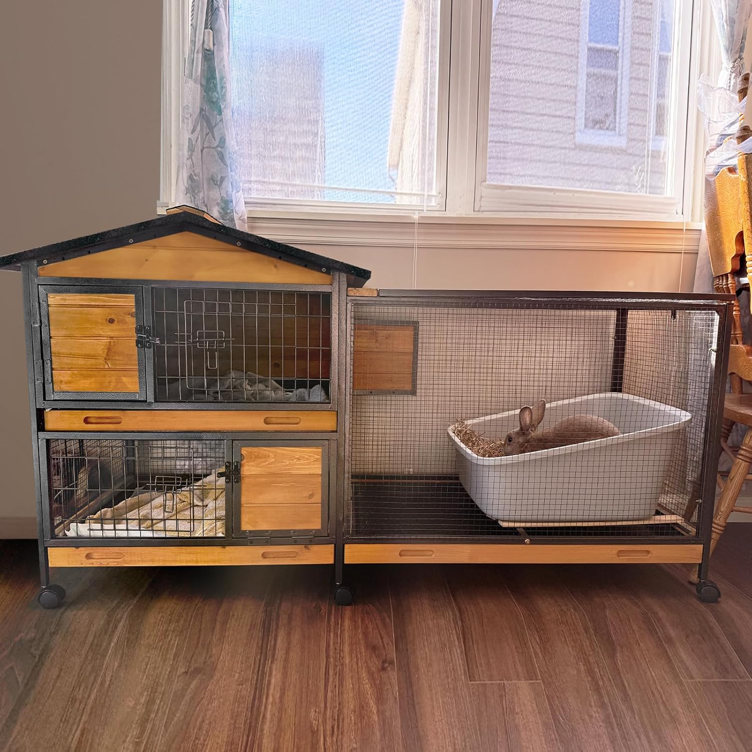Rabbit Hutch Bunny Cage Indoor, Rabbit Cages on Wheel Guinea Pig Cage with 3 Trays- Upgraded Metal Frame