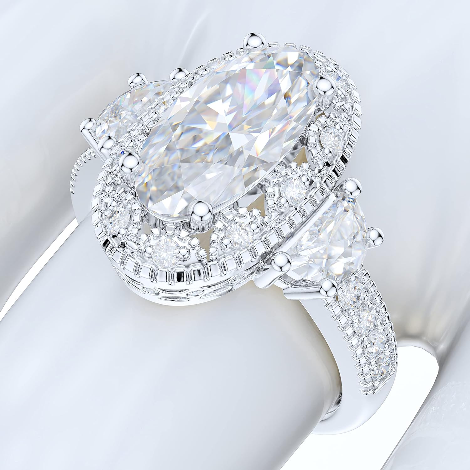 Sterling Silver Vintage Milgrain 3CT Simulated Oval Cut & Half Moon Stone Diamond Halo Engagement Ring