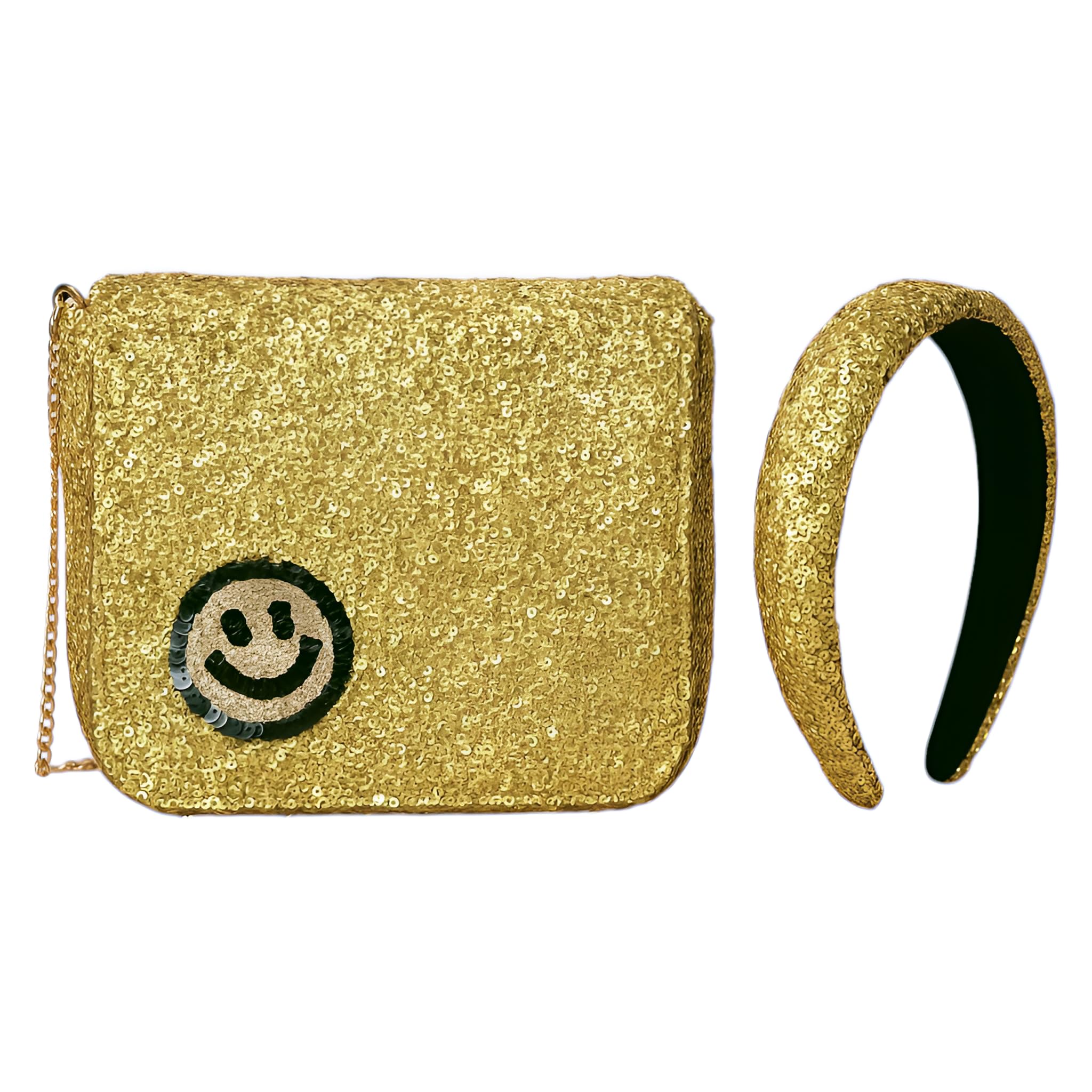 Sequin Sling Bag & Headband Combo for Girls | Glitter Party Purse with Smiley Design & Matching Hairband | Stylish Birthday Return Gift for Kids & Teens-image-0