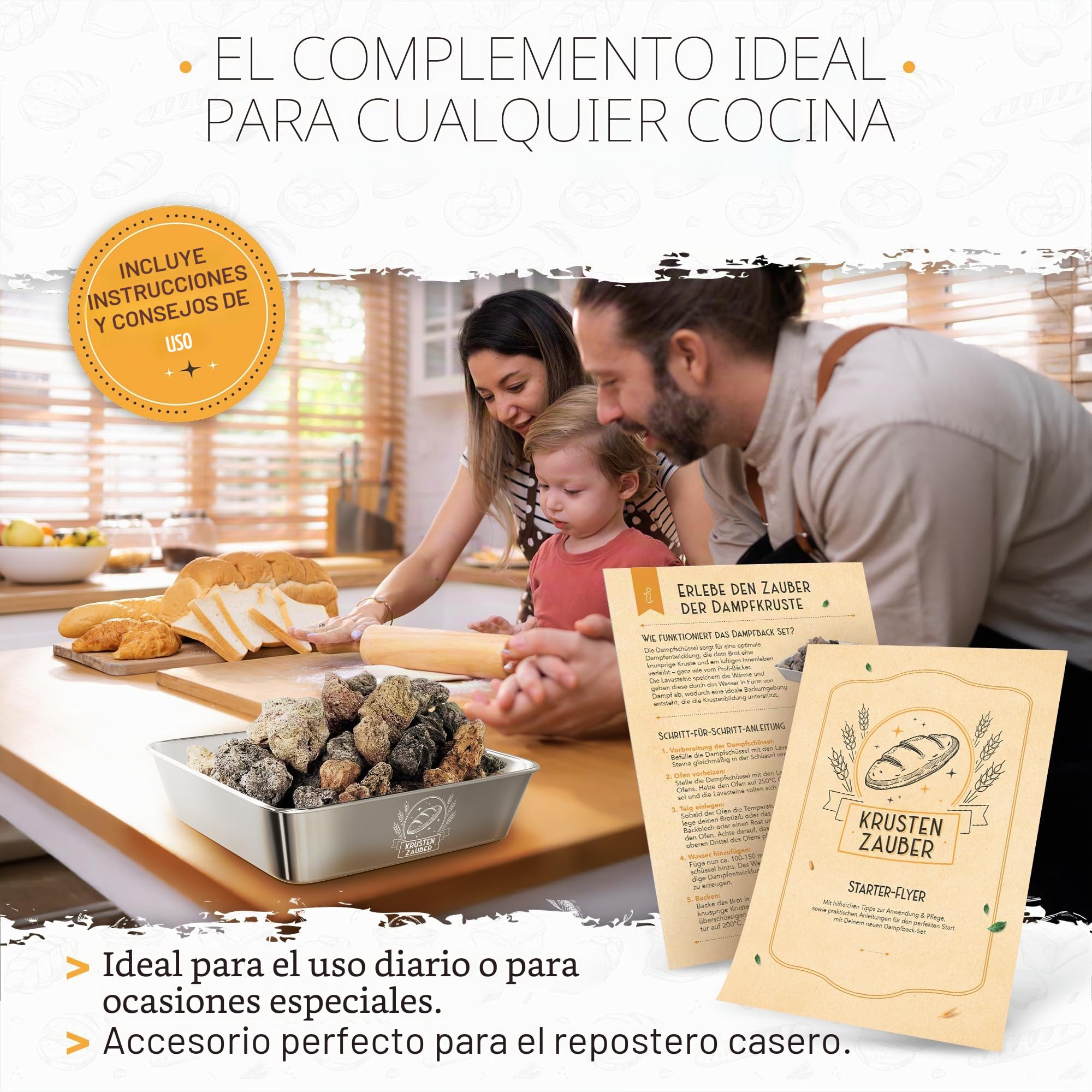 KRUSTENZAUBER Piedras de lava para hornear pan, incluye cuenco de vapor de acero inoxidable para una distribución óptima del calor gracias al vapor de agua natural, accesorios para pan crujiente