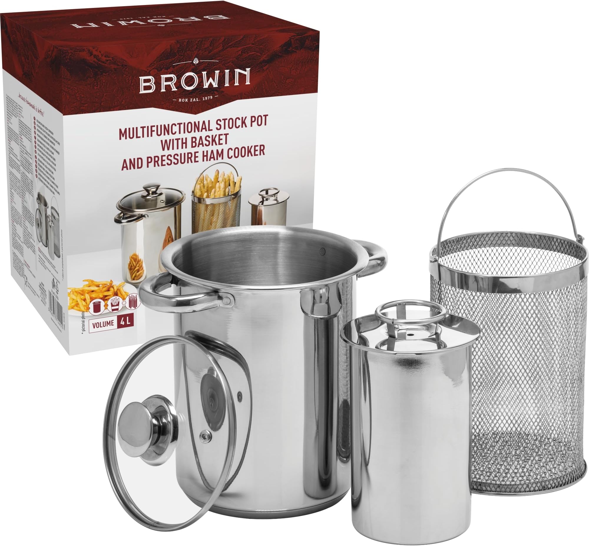 BROWIN Stainless Steel Kit : 4L Pasta/Asparagus Pot + 1.5kg Ham Cooker 313515 | Press for Making Healthy Homemade Meats | Steamer Cooker with Basket and Lid