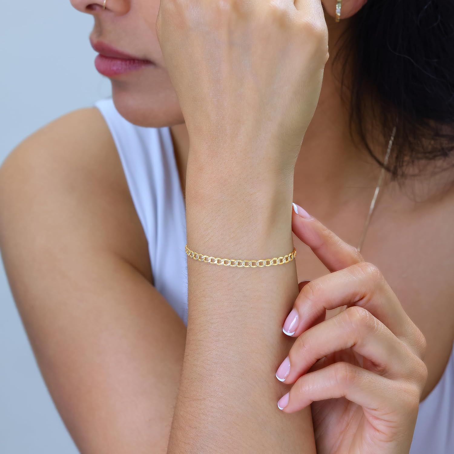 Nuragold 14k Real Yellow Gold Cuban Curb Link 3.5mm Diamond Cut Pave Chain Bracelet (7"-9") Two Tone Italian Jewelry for Men & Women