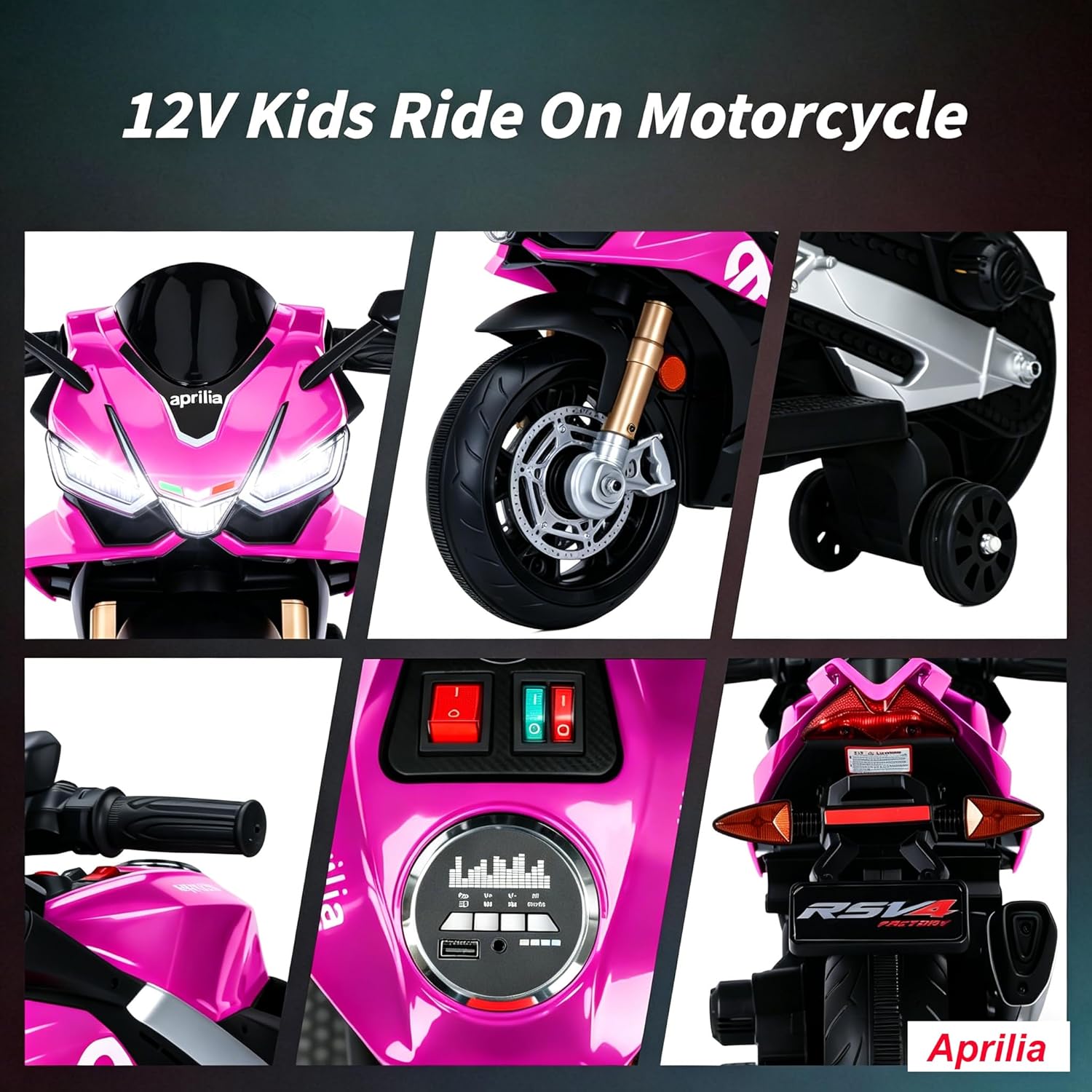 12V Kids Motorcycle, Electric Motorcycle for Kids with Long Battery Life, Ride On Motorcycle Toys for Boys Girls with Bluetooth,Training Wheels,LED Light,EVA Wheels,Large Seat-Pink