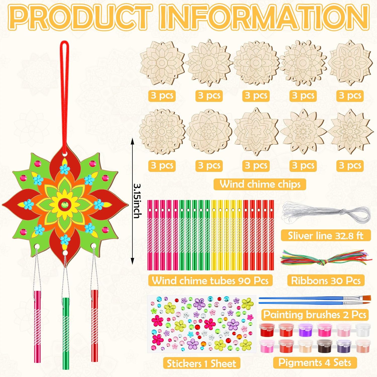 JellyArch 30 Pack Spring Mandala Wind Chime Making Crafts Kit for Adults, Make Your Own Wind Chime Bulk Wooden Hanging Ornaments for DIY Activity Birthday Summer Decoration