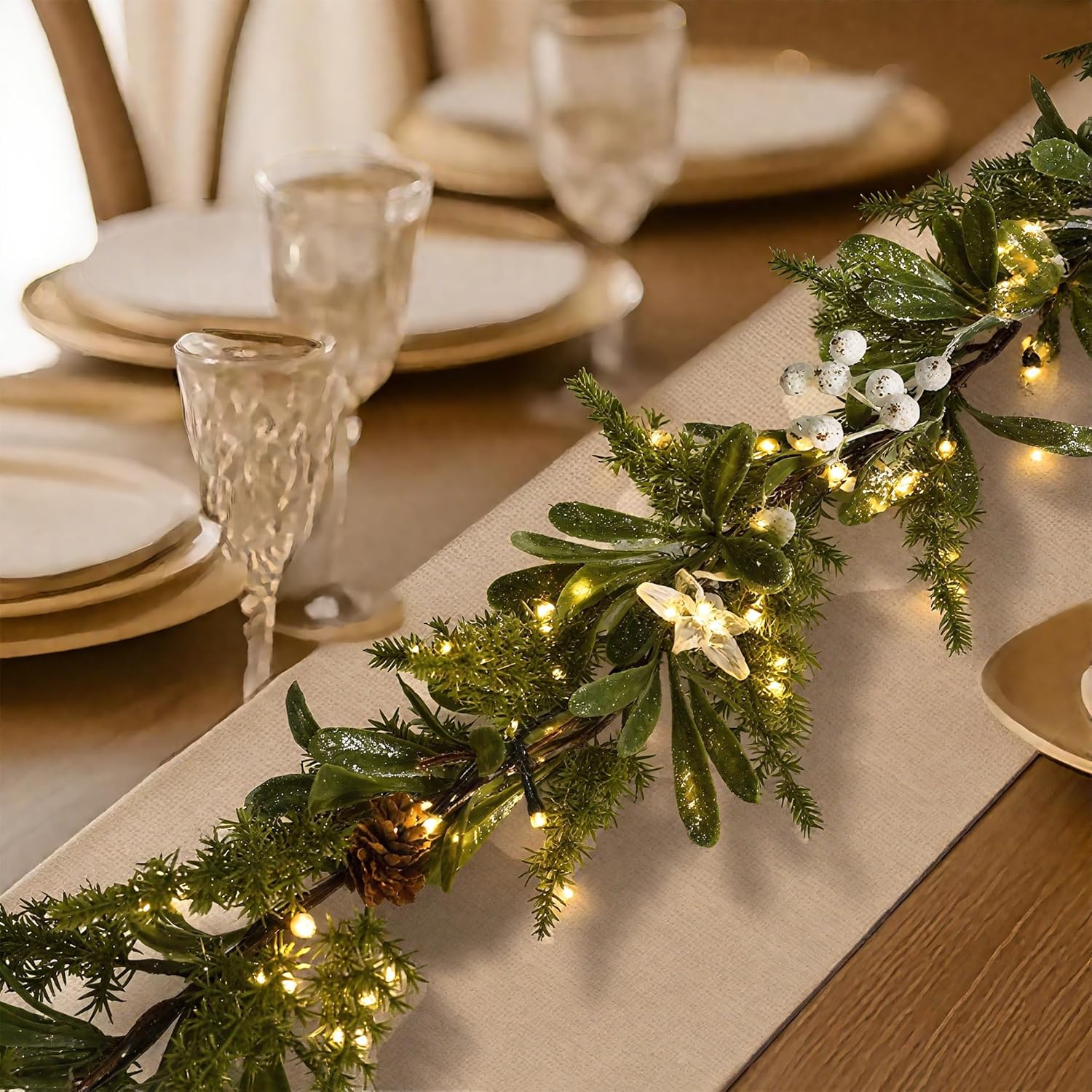 6FT Pre-lit Two-Tone Olive Christmas Garland Set of 2 Battery Operated Artificial Greenery Winter Mistletoe Garland with Timer for Mantle, Stairs Railing, Patio,Table, Window, Front Door Holiday