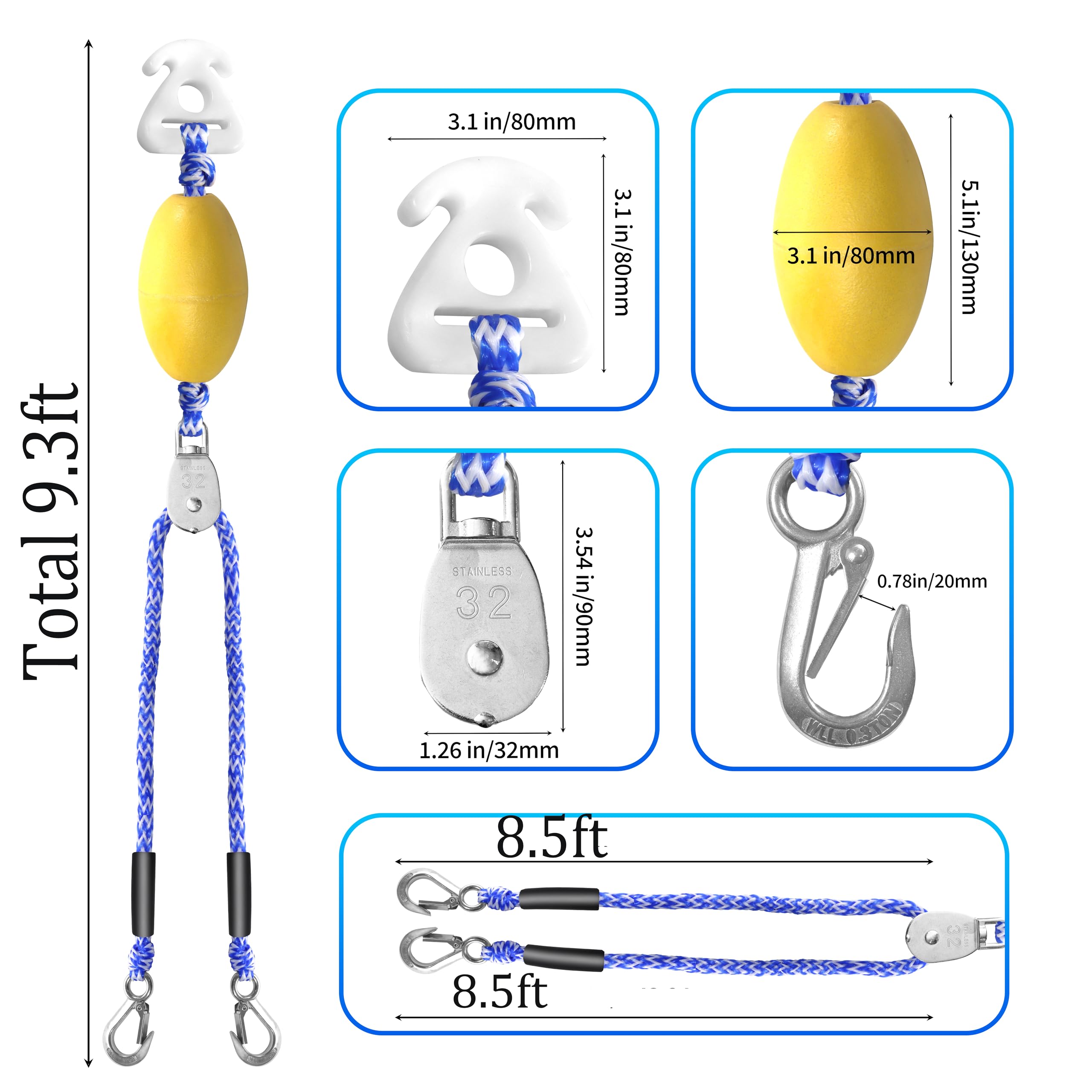 Cablaggio di traino per barche pesanti per tubi, corda di traino per sport acquatici per rimorchi e tubi per barche, autocentranti per barche, moto d'acqua, pontone, wakeboard