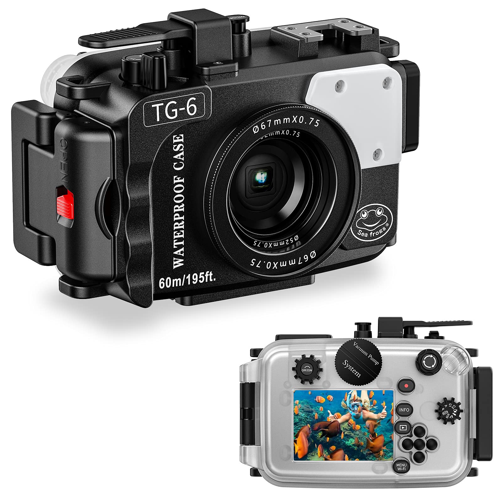 Seafrogs 60m/195ft Underwater Camera Housing for Olympus TG-6 – Waterproof Case with 52mm & 67mm Thread, Dual Fiber Optic Ports, Leak Detection, Stainless Steel Mounting Plate (TG-6-black)