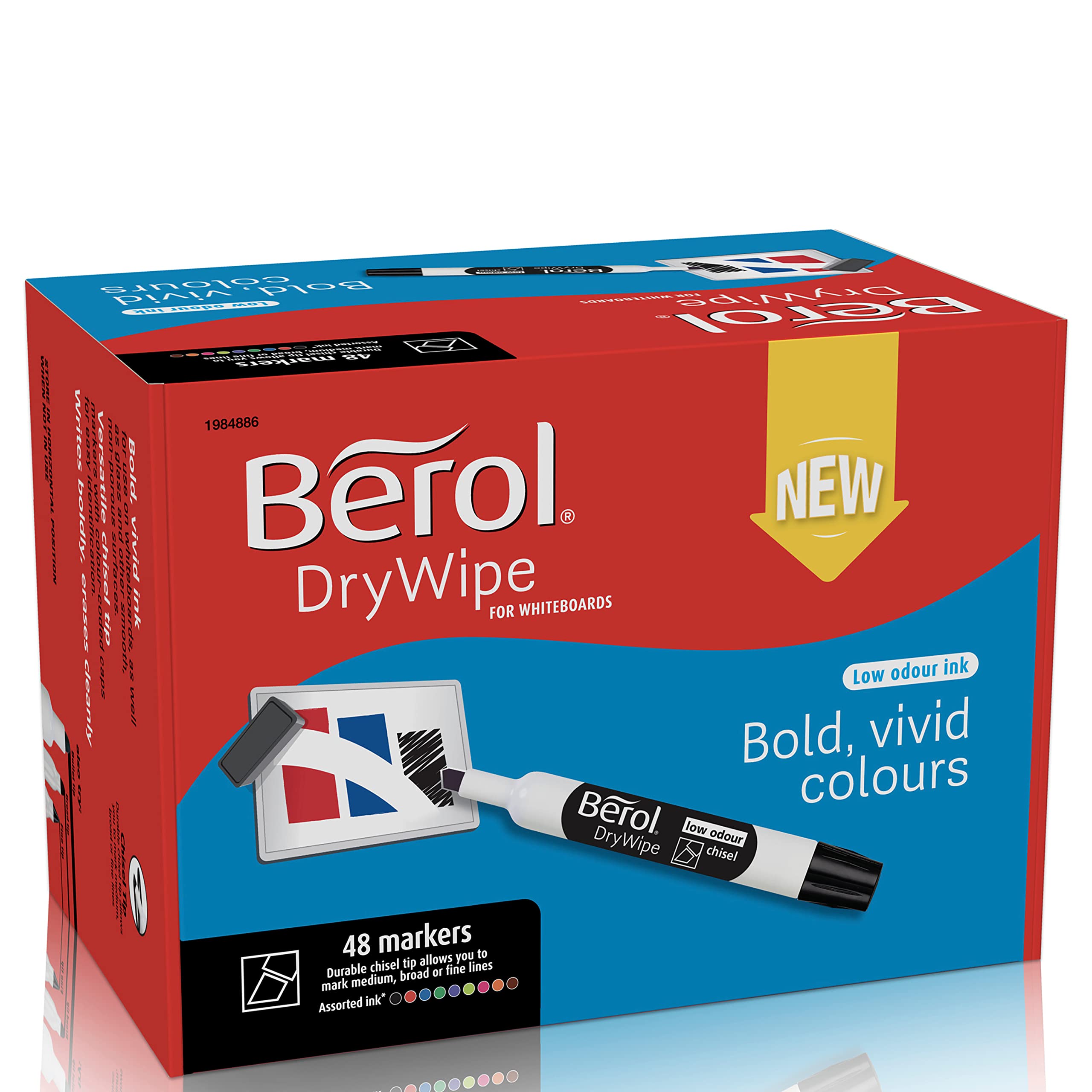 Berol Dry Wipe Rotulador punta cuadrada para pizarra blanca, color varios colores Pack of 48