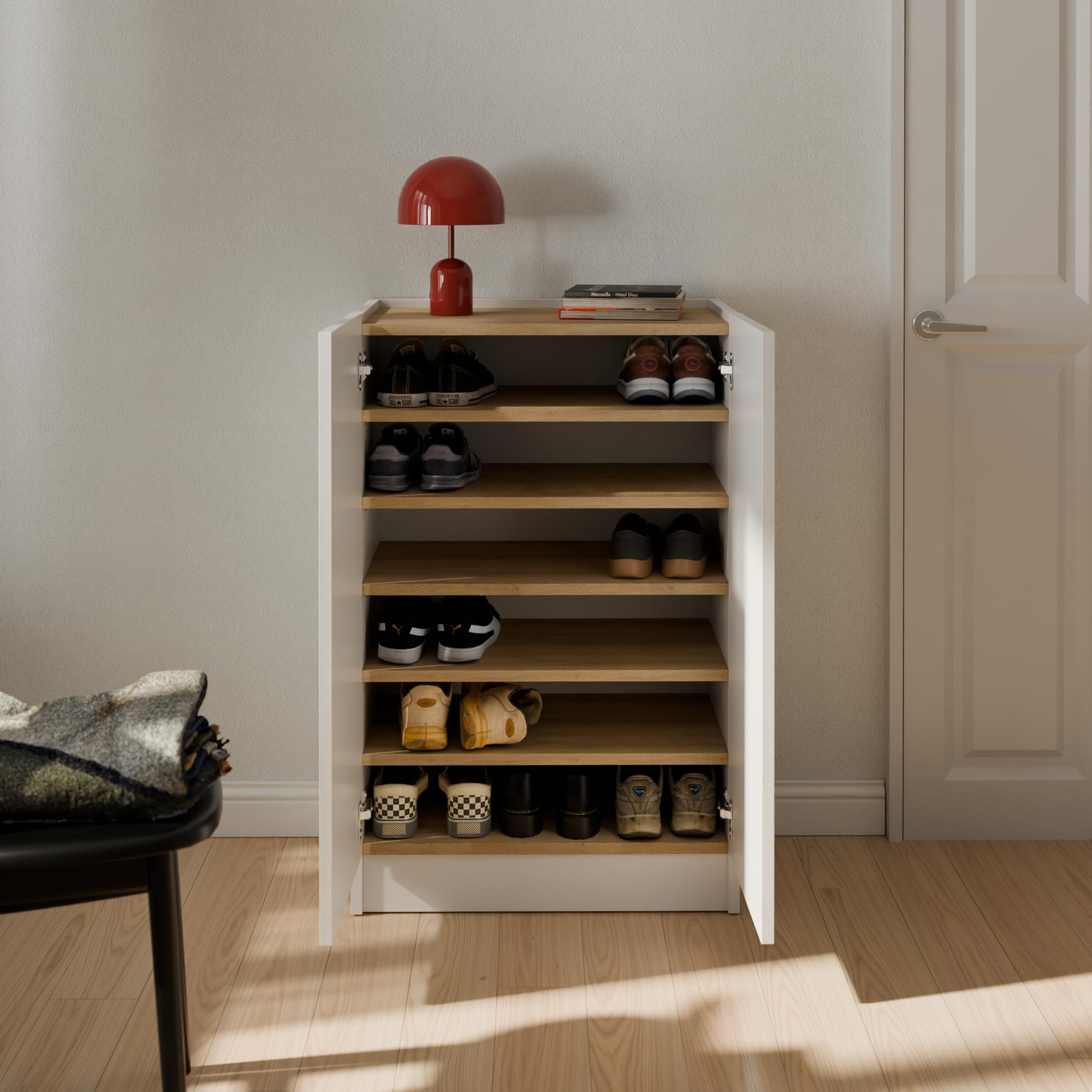 Zapatero Blanco Roble 100 x 72 x 34,1 cm, Armario Zapatero de Melamina 19 mm con 2 Puertas y Baldas Regulables para Entrada, Pasillo, Recibidor y Dormitorio