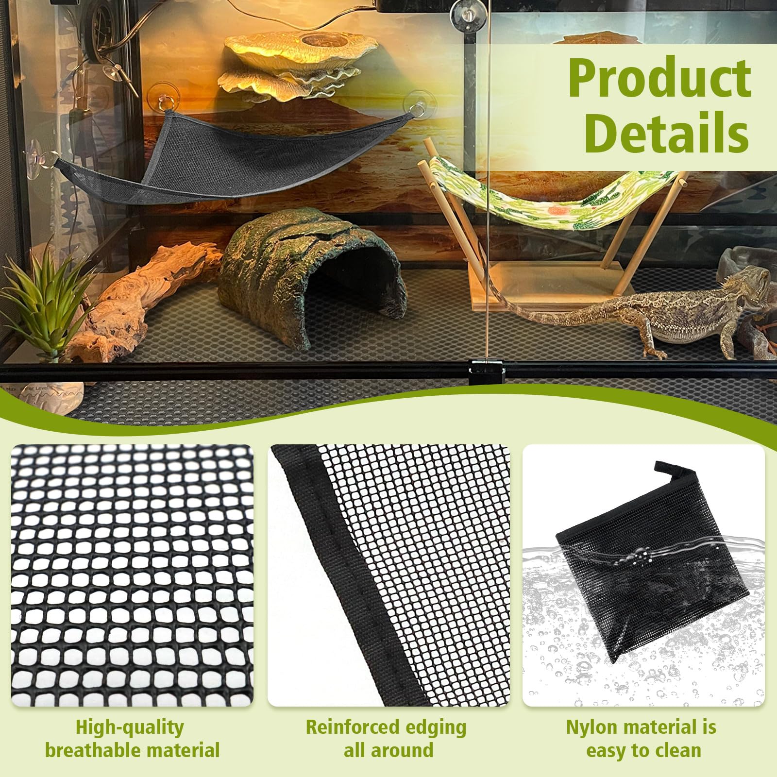 Lot de 2 grands hamacs en forme de dragon barbu (1 rectangle + 1 triangle), accessoires pour aquarium de reptiles avec ventouses puissantes, lit de salon pour lézards, serpents, geckos et petits