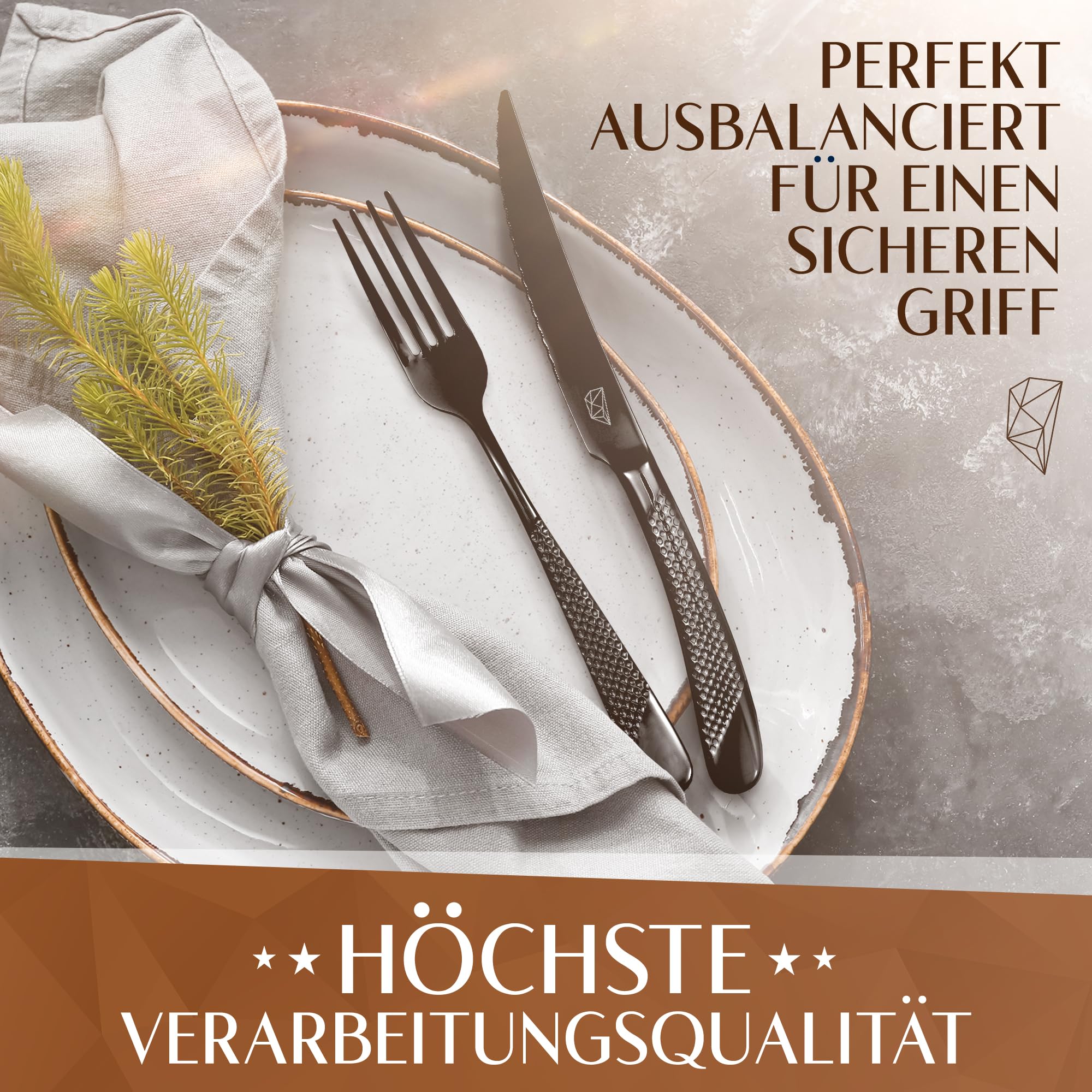 Glavory Aurora - Besteck Set Schwarz gestanzt - Besteck für 6 Personen 30teilig - rostfreier 18/8 Edelstahl - schwarzes Besteck spülmaschinenfest mit edler Verpackung - 2 in 1 Steakmesser