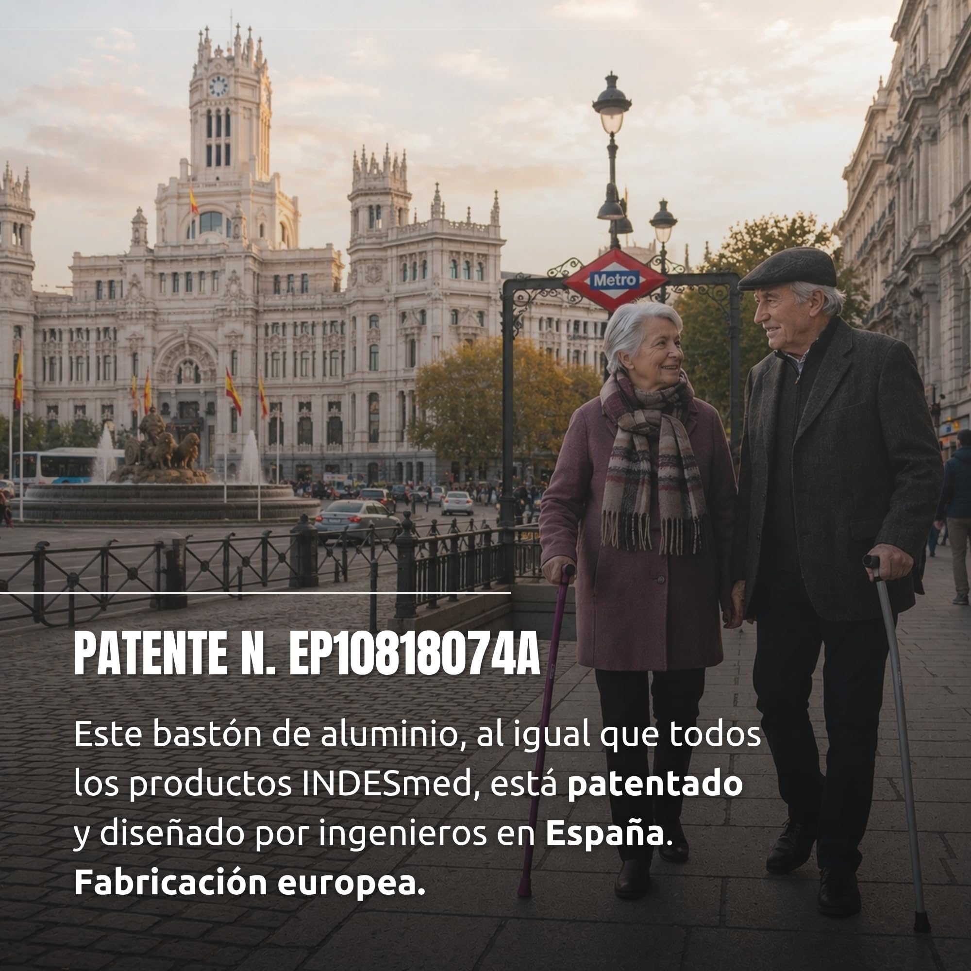 INDESmed | Bastón de Aluminio Aeroespacial 100% Ultraligero - Patentado - Ajustable milimétricamente, Ultrarresistente, Mango ergonómico Anti-tendinitis, Ortopédico-Diseñado en España (Gris, L)