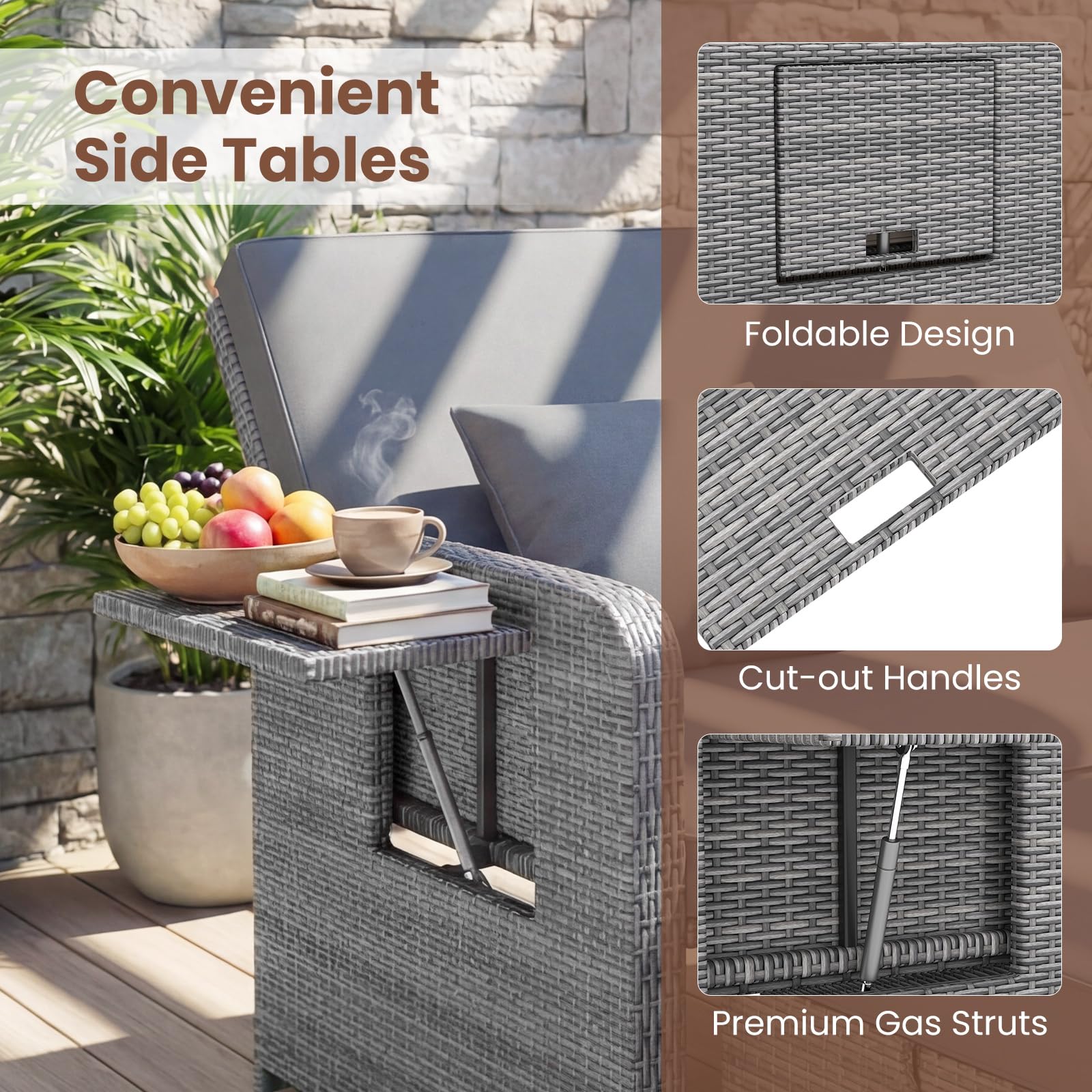 GIANTEX Canape Exterieur Jardin 2 Pièces, Canapé de Jardin 2 Places en Rotin PE, Ottoman de Rangement, Dossier Réglable, Tables d'Appoint Rétractables, Coussins Doux, pour Porche, Patio, Gris