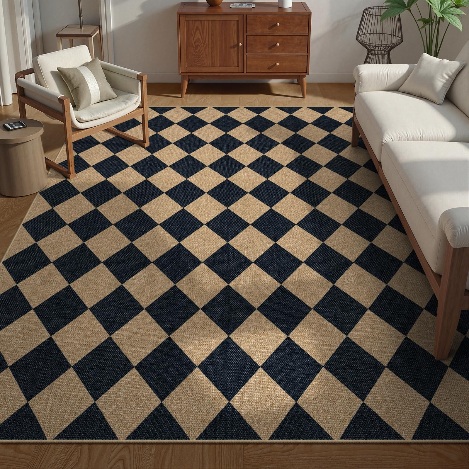 Lanffia Checkered Easy Jute Washable Rugs 8x10, Black Living Room Rug for Dining Room Diamond Indoor Outdoor Carpet, Large Non Slip Low Pile Farmhouse