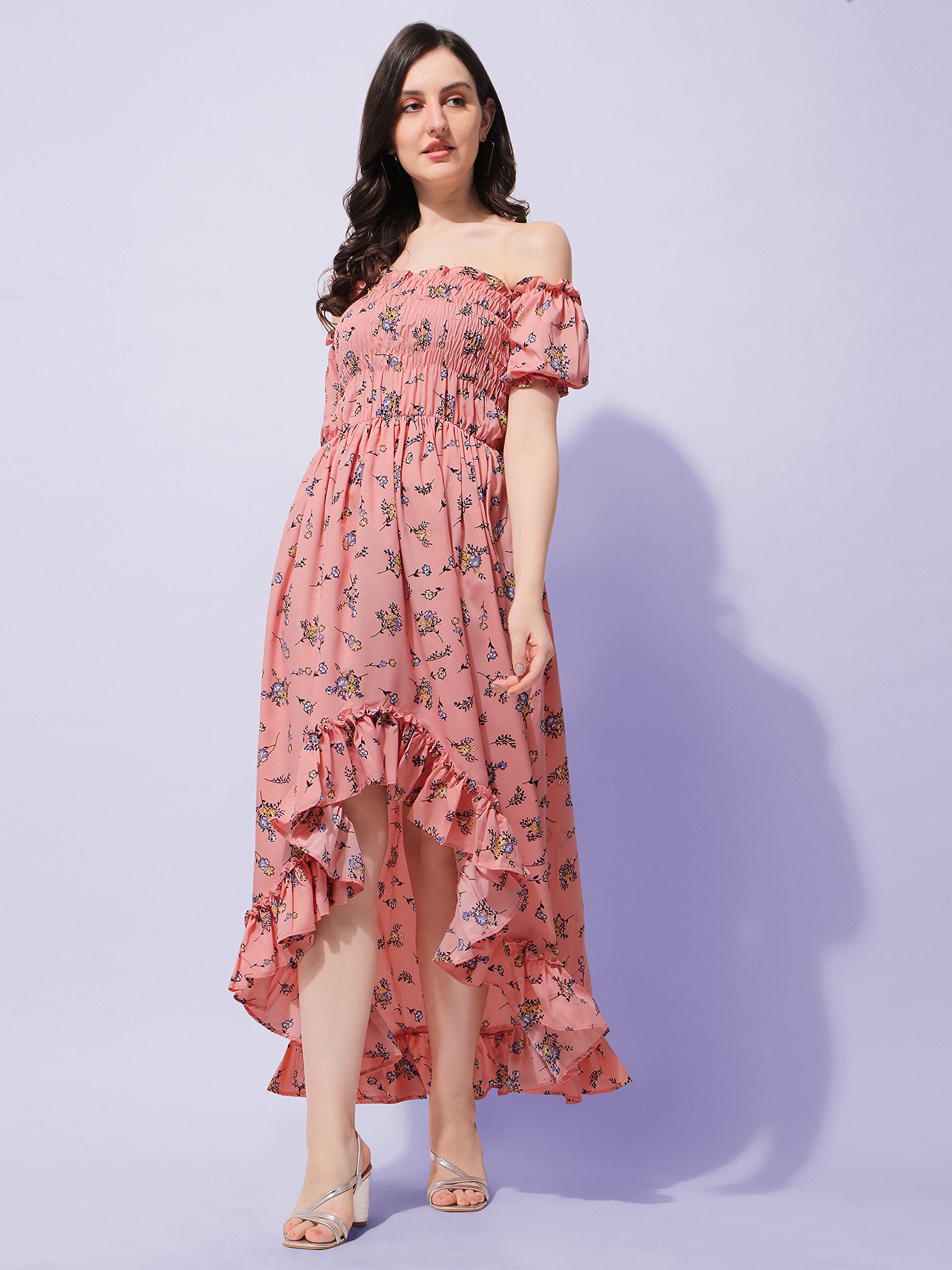 Oomph Flared Dress For Women Stylish | Long One Piece For Women | Off Shoulder Puff Sleeve Long Dress | Floral Print Maxi One Piece | Western & Fusion Wear Bohemian Style