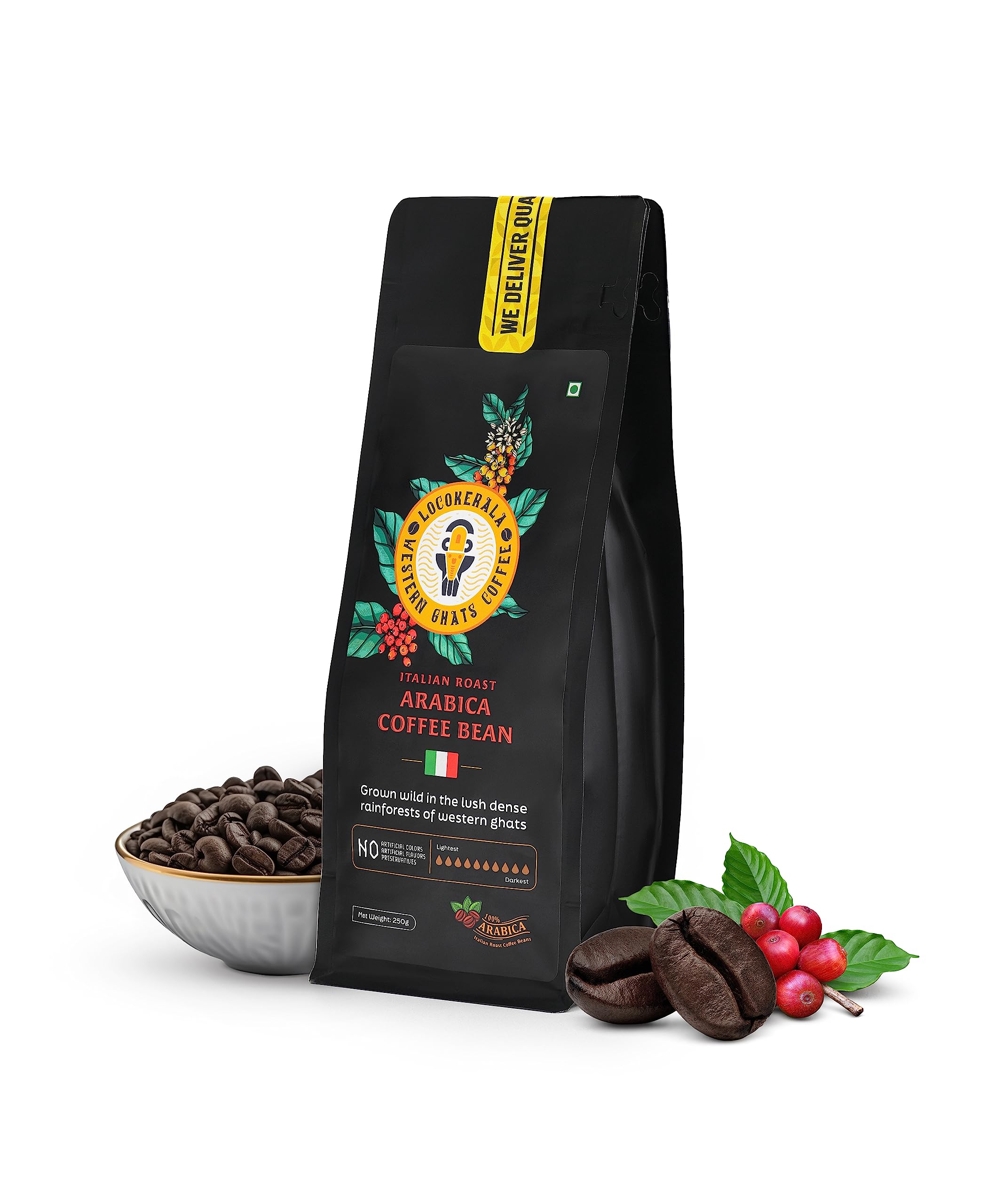 LocoKerala - Western Ghats Coffee | Italian Roast | Dark Roast | Made with 100% Specialty AA+ Grade Arabica Beans | Freshly Roasted Coffee Beans (250g)