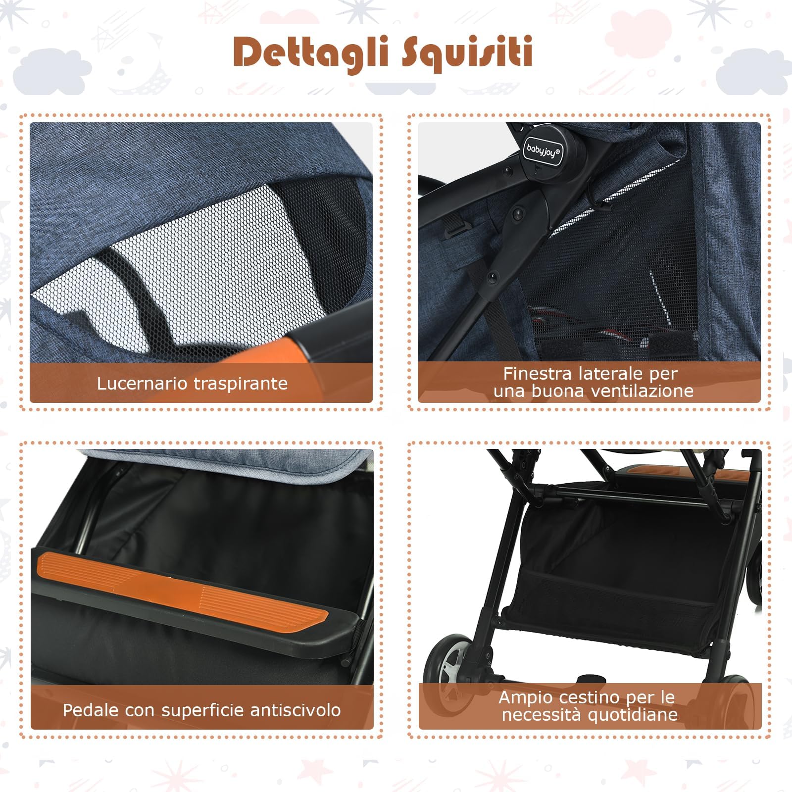 RELAX4LIFE Passeggino Leggero per Bambole 0-3 Anni, Passeggino Pieghevole con Una Mano, Telaio in Alluminio, Schienale Regolabile, Passeggino da Viaggio con Zanzariera e Cinture 5punti (Blu scuro)