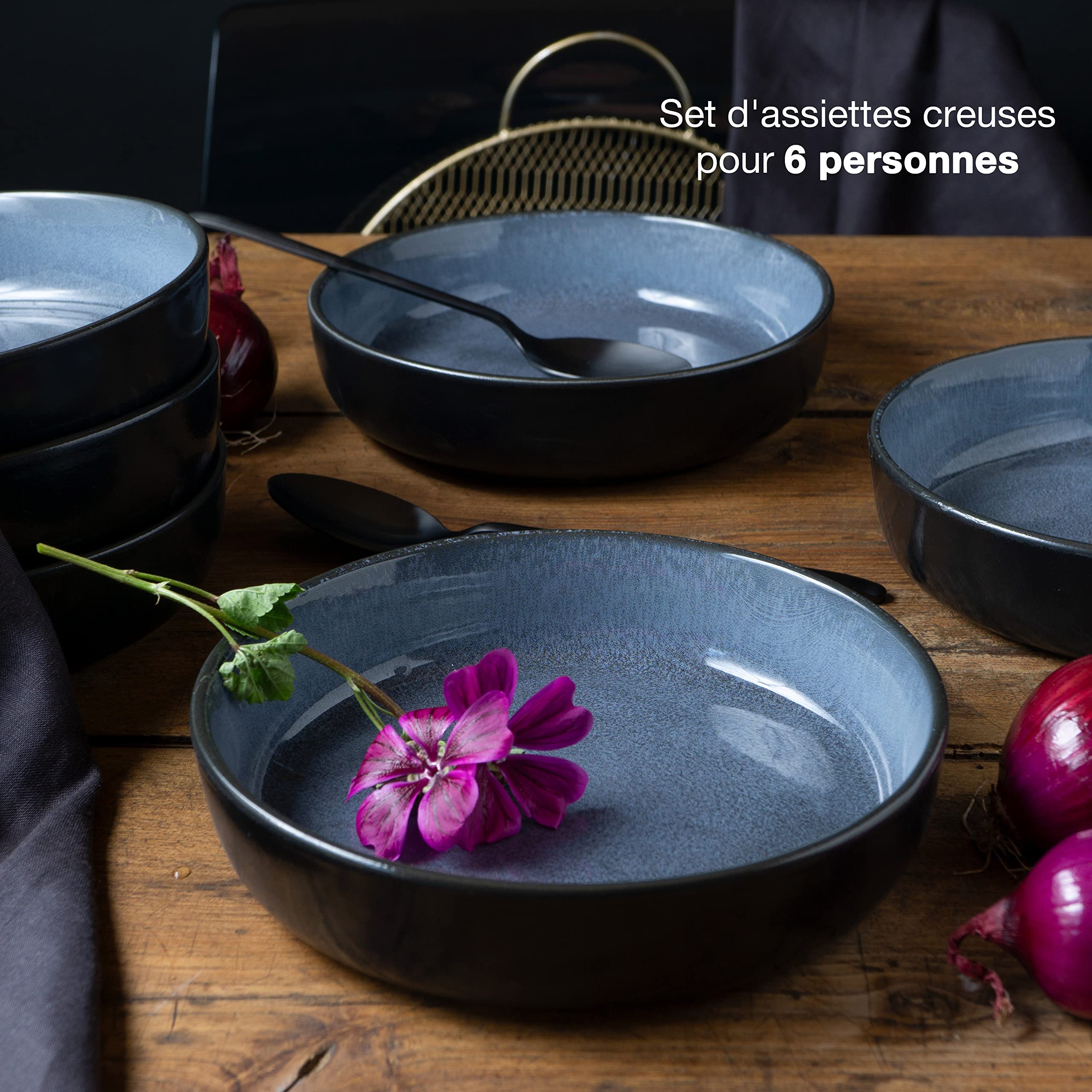 Moritz & Moritz VIDA Lot de 6 assiettes à soupe en porcelaine pour 6 personnes Passe au lave-vaisselle et au micro-ondes Bleu