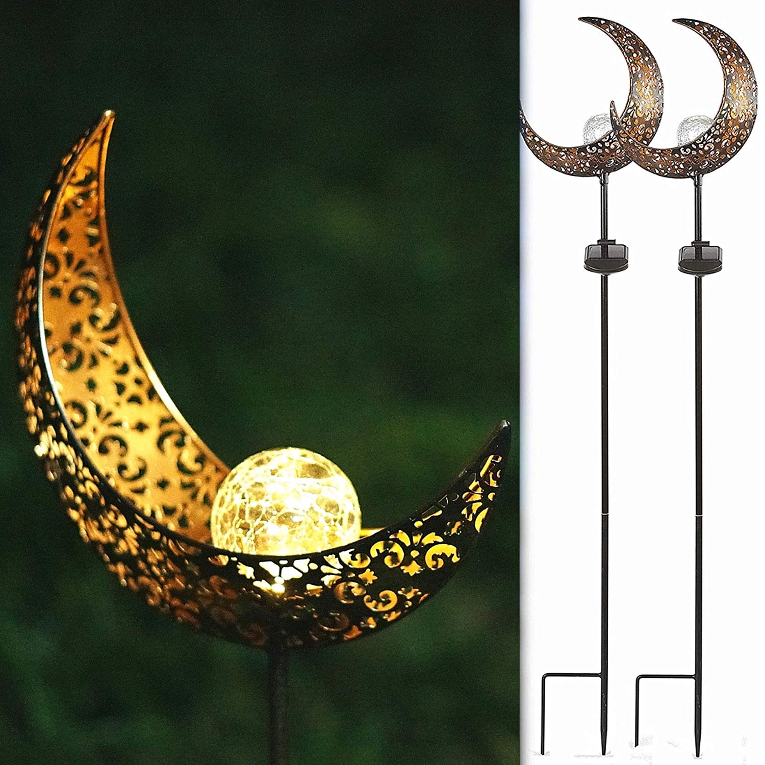 SunKite 2 Pack Garden Solar Light Outdoor Metal Moon Shape Lamp with Waterproof Crackle Glass Globe for Garden