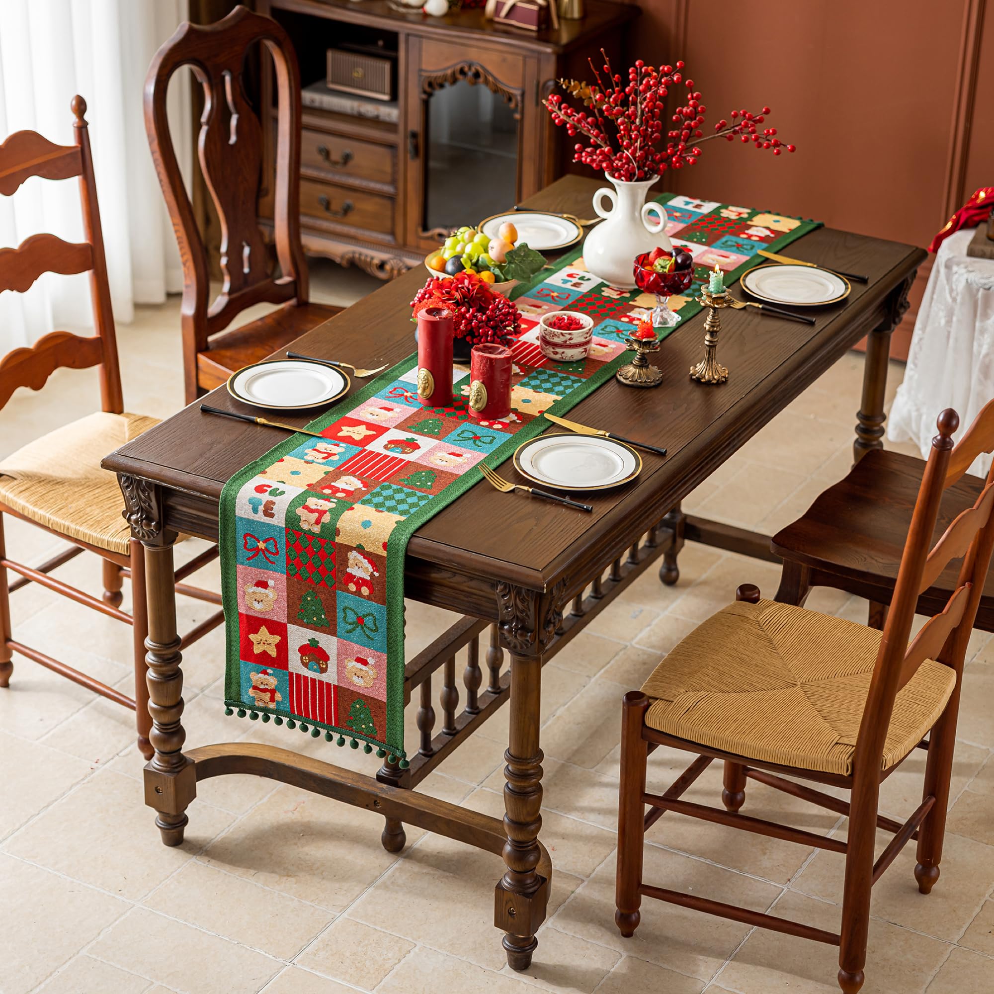 Runner da tavola natalizio con nappe con pompon, misto cotone e lino, decorazione da tavolo per tavolo da pranzo, comò, camino e feste natalizie (verde orso, 34,8 x 240 cm)