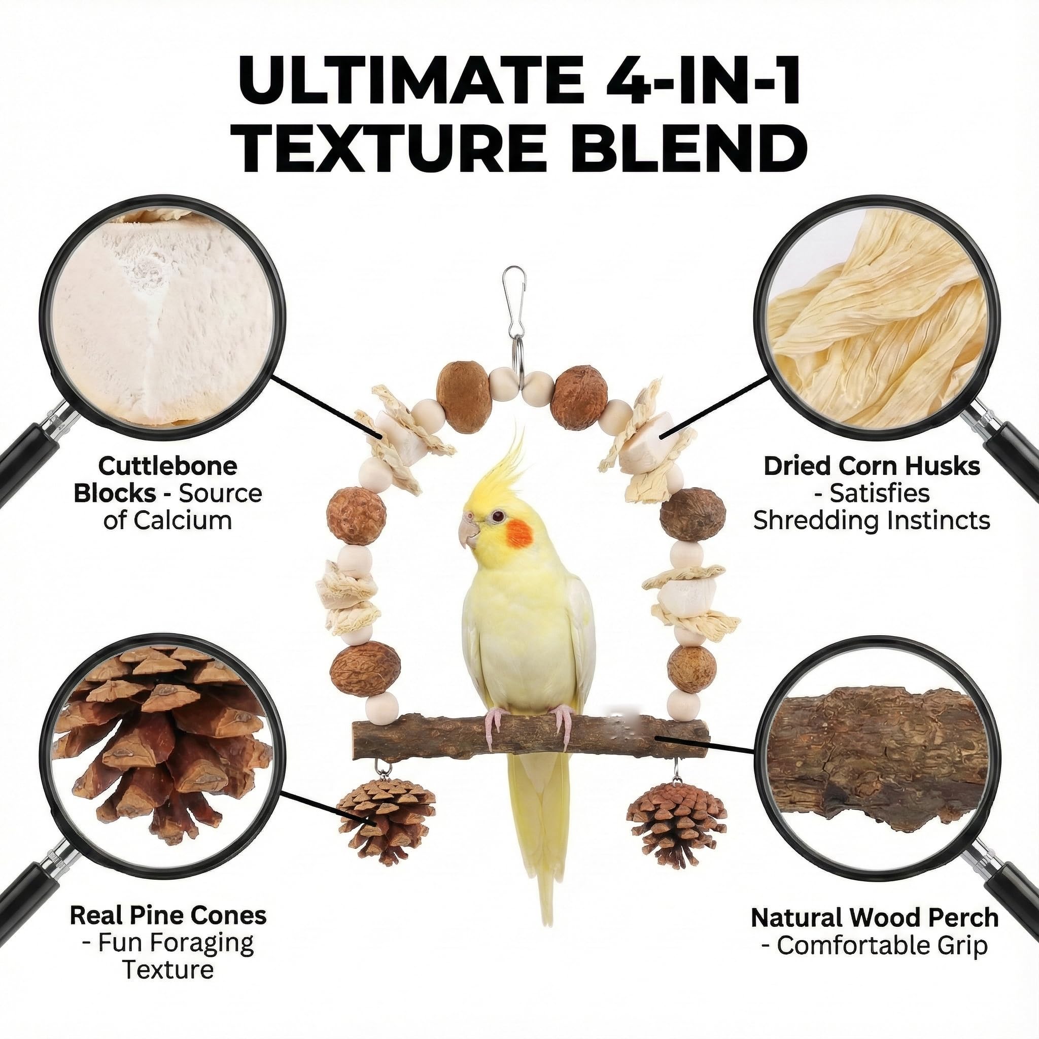 Natural Wood Bird Swing Toy for Parakeets Cockatiels, Parrot Hanging Perch with Chewing Pine Cones & Beak Grinding Pumice Stone, Bird Cage Accessories for Conure Lovebirds Budgies - Boredom Relief - image 3