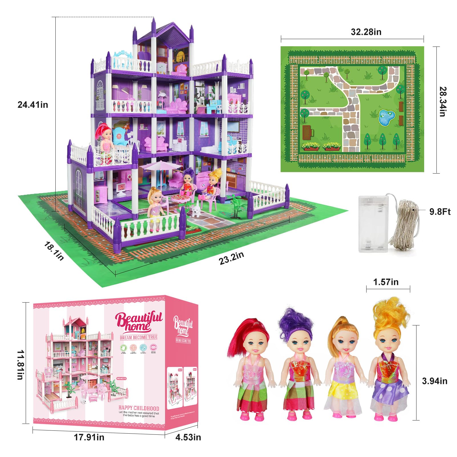 Doloowee Poppenhuis, dromenspeelgoed, huismeubels, roze, meisjes, speelgoed, 4 verhalen, 10 kamers, poppenhuis met 2 prinsessen, glijbaan, accessoires, peuterspeelhuisje, cadeau voor 4 tot 7 jaar