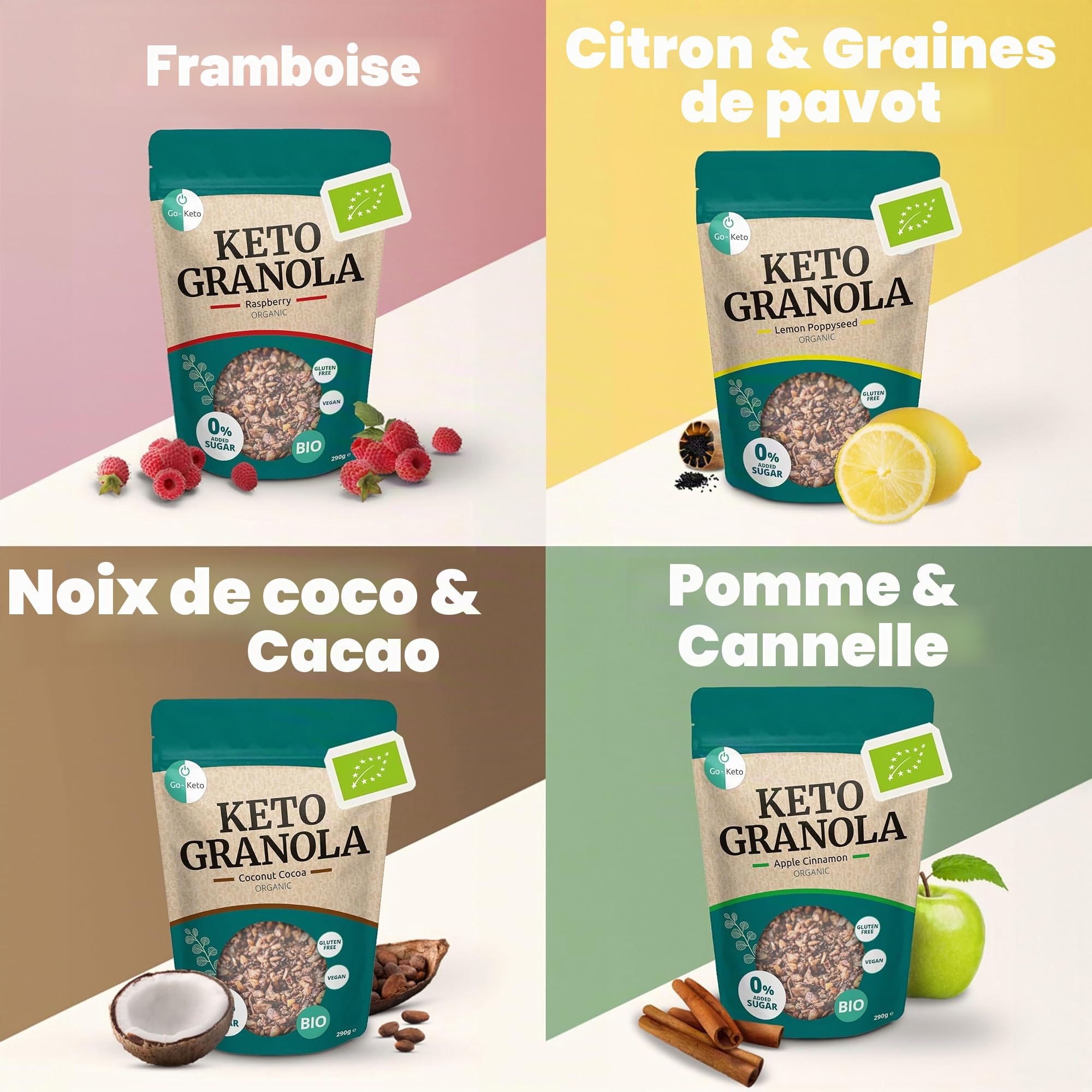 Go-Keto BIO Keto Granola Coconut Cocoa 6x 290g - Muesli Keto pour un petit déjeuner Keto, avec chips de noix de coco, noix, graines de tournesol & pépins de courge, végétalien, sans gluten