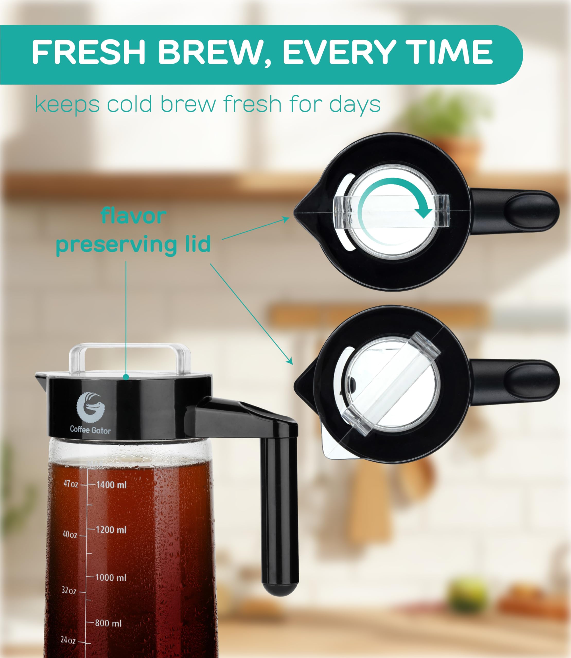 Caffettiera Manuale con Infusore per Fare Il caffè Freddo o Cold Brew Coffee di Coffee Gator - Macchina da caffè per Gli Appassionati di Slow Coffee - Caraffa in Vetro con Filtro - Anche per Il tè