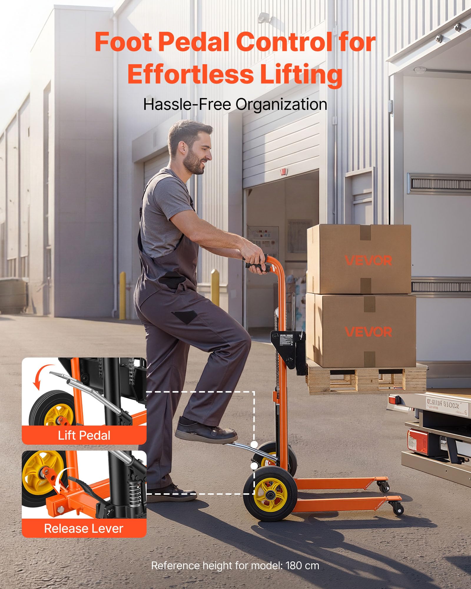 VEVOR Apilador Manual Hidráulico de Palets Plegable, Elevador 2 en 1 con Pedal, Acero Carbono, Capacidad 205 kg, Altura Ajustable 70 a 900 mm, Compacto y Portátil, para Almacén, Carga y Transporte