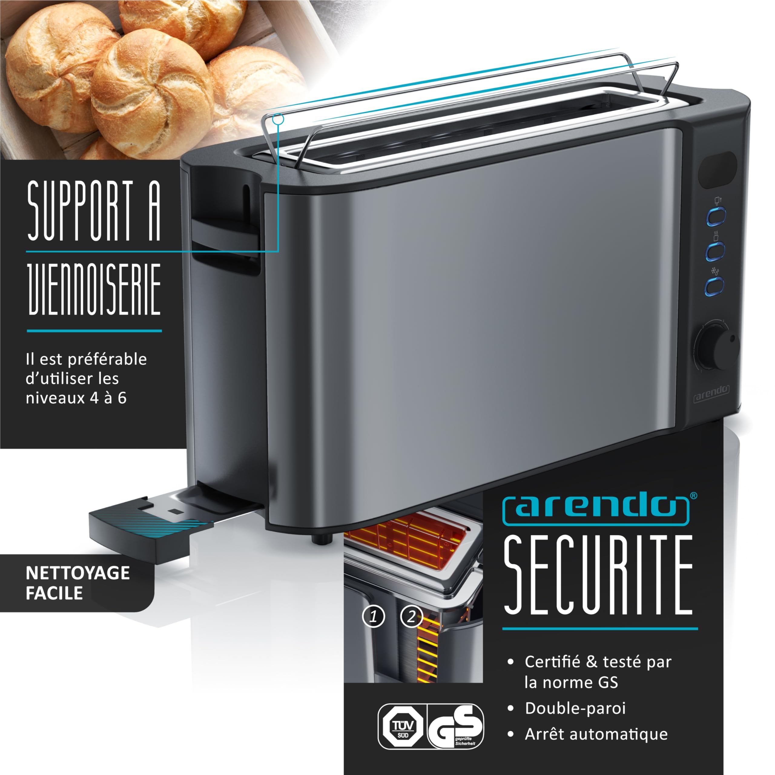 Arendo Ensemble Bouilloire Grille-Pain Cuiseur à Œufs Inox 1,5L 40°-100°C Toaster 4 Tranches LED 6 Niveaux Cool grey