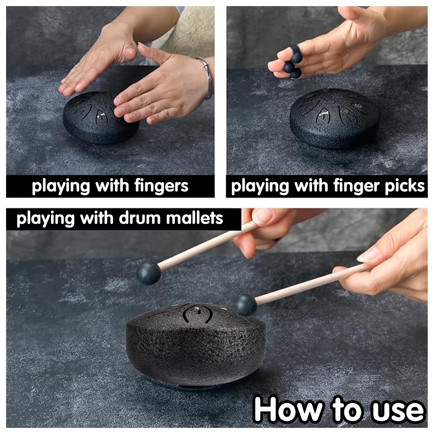 Tamburo a Lingua, 6 Note tamburo della lingua, Tamburo in Acciaio, Tamburo del Handpan, Handpan Tamburo Strumento a Percussione, Handpan Strumento Musicale, per Meditazione, Yoga(nero)